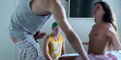 cuckold threesome watches his slut wife fucking with stranger and stranger cum in mouth (Falcon Al, Katty West, Oliver Strelly)