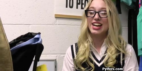 Dress stealing blonde in glasses gags on officers dick (Blondie Anderson, Deep Throat)
