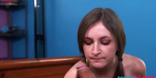 Brunette amateur nerd teen strokes and blows long stiff penis like a pro