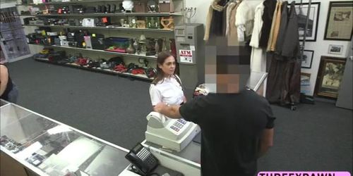 Attractive sexy ass stewardess takes a huge dick inside the pawnshop for some cash