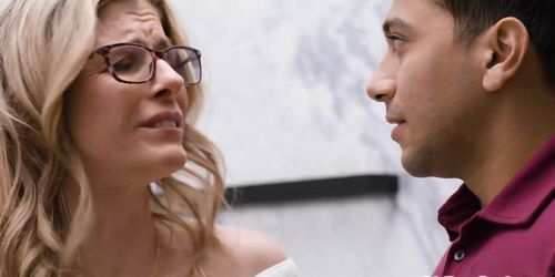 Stepson quickly comforts his stepmom Cory CHase helping her get out of her wet clothes