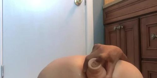 Tattooed Asian Anal Slut with Short Leg Cast Fucks Herself on the Bathroom Floor with a 9” Dildo