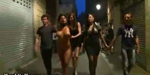 Busty babe fucked by couple in bar full of strangers