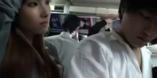 horny OL gives handjob and blowjob to bus passenger