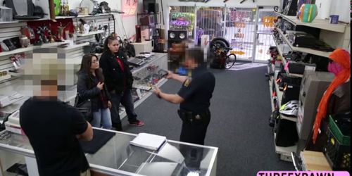 Big ass lesbian thief tricked on sucking dick while her lesbian friend is watching her