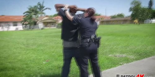 Horny blonde cop loves sucking a big black cock even she can do a deep throat and makes her mad