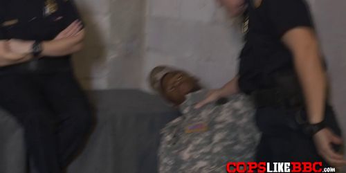 Military dude gets fucked by two horny cops after arresting him at the hood when they were searching