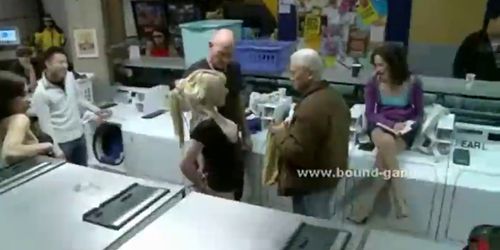 Busty blonde sucking cocks in group sex