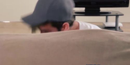 Blonde cfnm duo strip and give dude head
