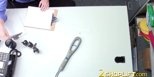 Two hot blondies get fucked by security guard at the detention room from a mall for stealing from it