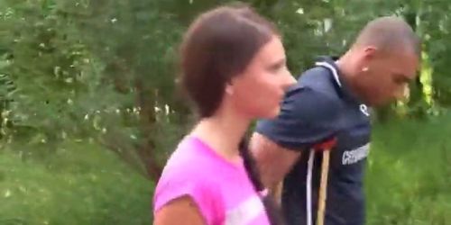 Petite amateur babe in public threesome