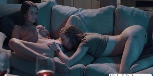 Teen brunette and her long time no see stepsis lick their pussies