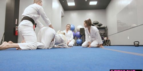 Kungfu teen BFFs fighting with a huge pleasure stick (Abigail Peach, Bella Rolland, Olivia Grey)