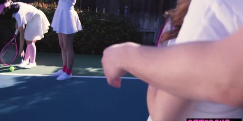 Unusual tennis session with petite besties outdoor (Cleo Clementine, Daisy Stone, Daphne Dare)