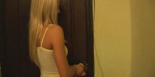Blonde horny girl in skirt