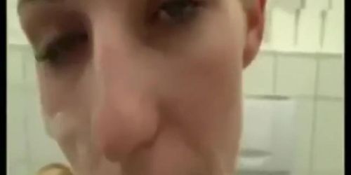 Slut gets facial in a public toilet then walks in public totally naked with cum on face