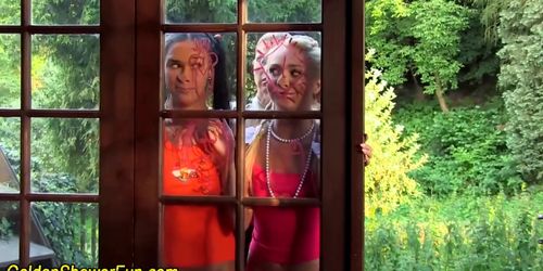 Naughty sluts pissed on