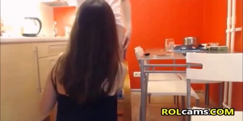 Amateur couple having hot sex in kitchen
