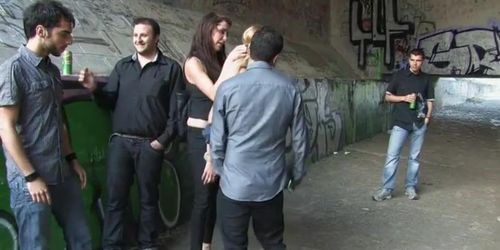 Gagged blondie Euro bitch Donna Bell tied up and vibrated outdoor in lezdom then gropped by the river and ass fucking humped in