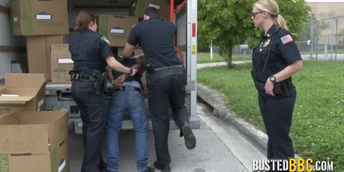Milf big titted officers bend over a huge black penis to get their pussy slammed after sucking it