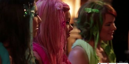 Horny babes in cool outfits stroke and suck hard dick