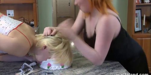 WASTELAND BDSM - Kinky sex slave covered in cream and frosting by Mistress as she orgasms
