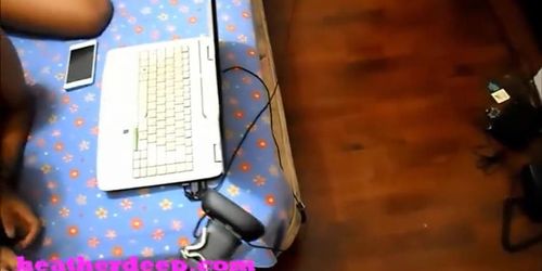 Heather Deep webcamming gets interupted by a dick wanting to shoot sperm (Donny Long)