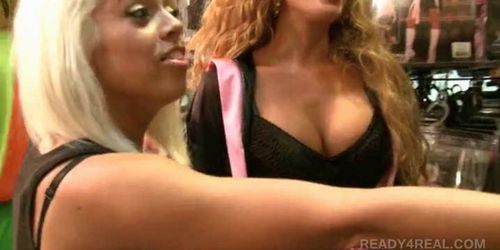 Teen babes get paid to flash their hot assets in a store