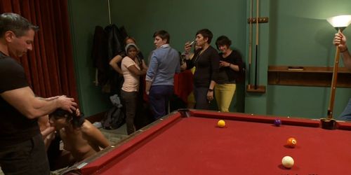 Tied sub anal banged in public pool hall (Ariel X, Ariel X., Vivi Marie)