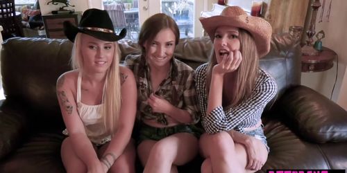 Three naughty teen farmgirls fucked a big cocked cowboy