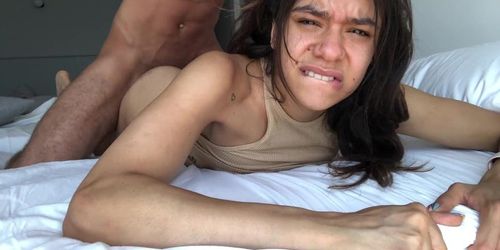 little stepsister is curious to try a brother's cock while their parents are not home