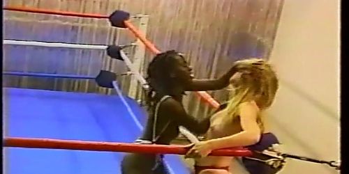 catfight Topless interracial pro style wrestling with body slams flips drop kicks scissors kicks knees (K.C.)