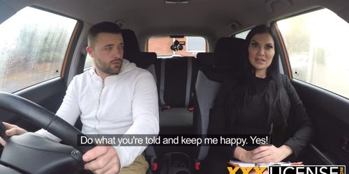 Naughty instructor blowing cock in car