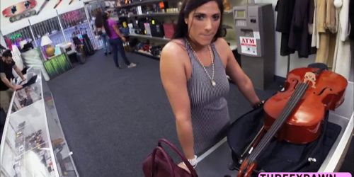 Sexy Brazilian babe spreads her long legs in the shop to gets fucked by a huge cock