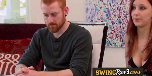 Redhead and blondie girls get fucked at a swinger orgy in front of their couple
