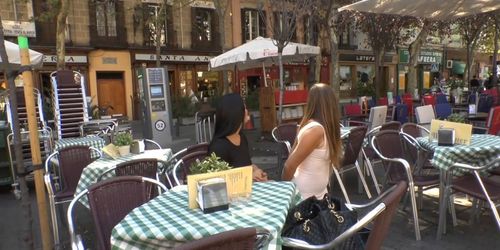 Brunette smoking in public cafe outdoor (Camil Core, Sandra Romain)