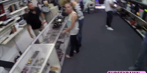 Amazingly hot Girlfriend blowing a hard monster cock in the shop