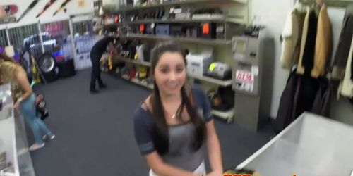 College babe pounded from behind in pawnshop