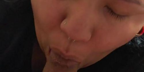Latina milf sucks a big cock till it cums all over her face! She couldn't help but swallow sum!