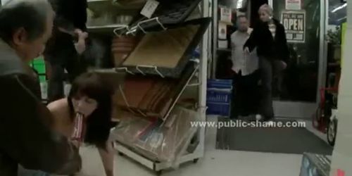 Brunette sexy bitch naked in shop gets fucked in public humiliati