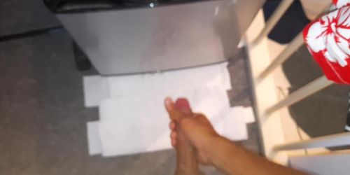 Exploding huge cum against a fridge