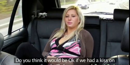 Hot blonde fucked in public parking in fake taxi