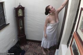 Daniele cleaning in white dress -  Downblouse