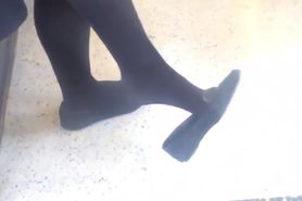 Candid Feet Dangling Shoeplay Black Tights Nylons