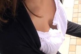 Free down blouse video of a hot Asian babe with perky boobs