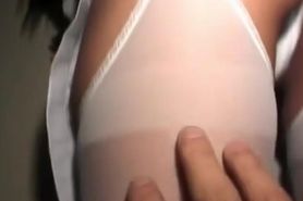 Hitomi Ikeno gets vibrator on hairy pussy through crotchless