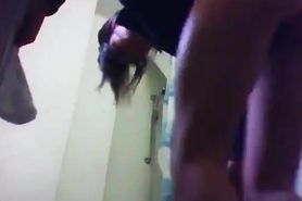 23 yo brunette with huge boobs caught by spy cam in bathroom