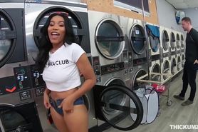 Slutty ebony fucks random dude in laundromat