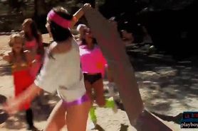 Busty college teens at camp doing topless aerobics
