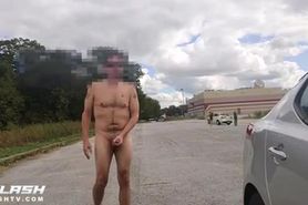 Jerking off in a parking lot with girls watching